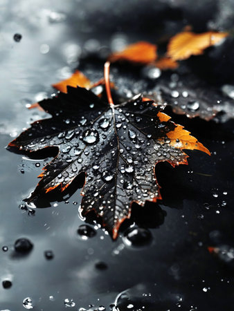 Autumn leaves with water drops on dark background, close-upの素材