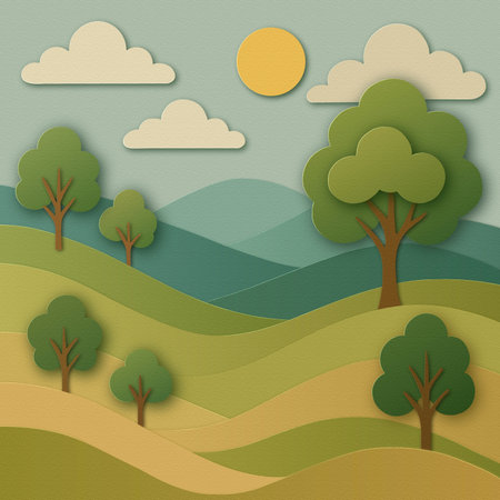 Paper cut landscape with trees and hills. Papercutting style nature scene vector illustration.のイラスト素材