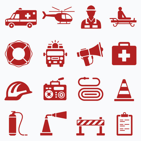 Emergency rescue response red icons silhouette set. Vector illustration.のイラスト素材