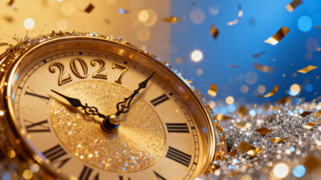 2027 new years eve clock face background with gold glitter and silver confettiの素材