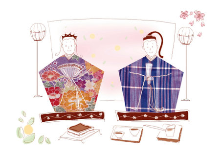 Illustration of a Japanese man and woman in traditional clothes on a white backgroundの写真素材