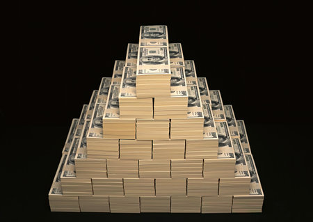 Pyramid made of dollars isolated on black background. 3d illustrationの写真素材