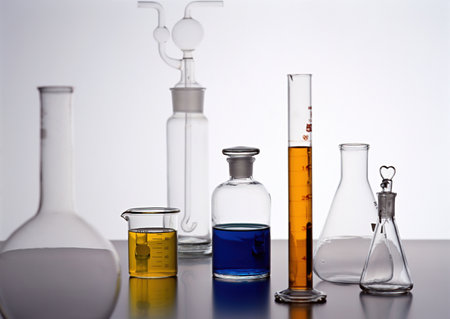 Laboratory glassware with colorful liquids, science research and development concept