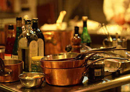 Saucepan and saucepan on the counter of a restaurantの写真素材
