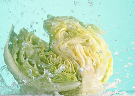 Fresh green lettuce with water splash on light blue background, close upの写真素材