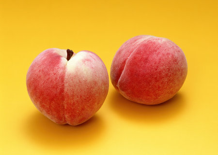 Peaches on a yellow background with copy space for your text.の写真素材