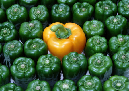 Green and yellow bell peppers on display at a farmers market in Oregonの写真素材