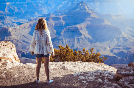 Summer sunrise at Grand Canyon. Tourist woman girl hiker with plants or bushes watching beautiful...