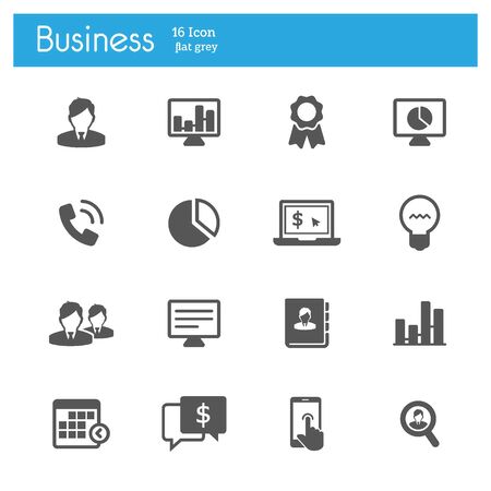 Business flat gray icons set of 16 on white backgroundのイラスト素材