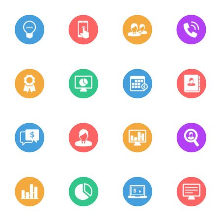 Business vector flat icons on the color substrate set of 16 on white backgroundのイラスト素材