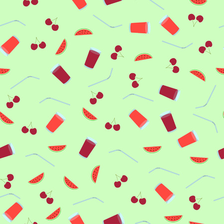 seamless pattern summer theme with drinks in glass, cherry and watermelonのイラスト素材