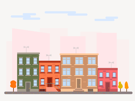 Vector flat city in autumn. Street with apartment buildingsのイラスト素材