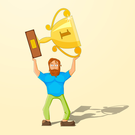 The achievement of high results. Cartoon man holding a trophy above his head. Vector illustrationのイラスト素材