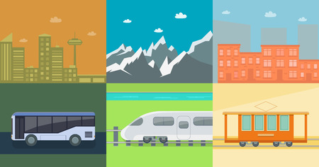 Set of flat public transport on the background of mountains and town houses. Posters for the sale of tickets for the tram, train and bus. Illustrationのイラスト素材