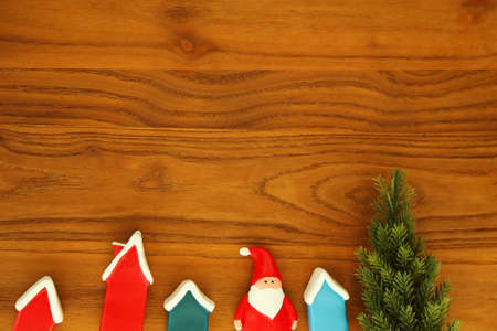 Merry Christmas and Happy New Year. Xmas Festive background. Christmas objects santa clause, gifts boxes, , raindeer, decorative design elements tree and snow. Holiday Greeting card, banner, web poster.の写真素材