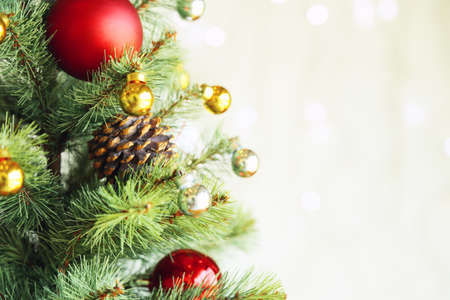 Decorated Christmas tree on blurred background.の写真素材