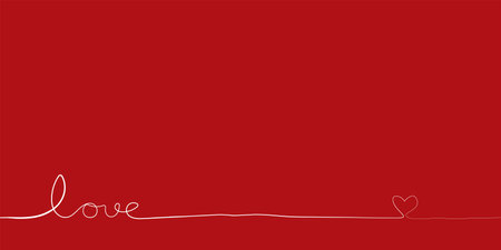 Love. Continuous line script. Love lettering illustration for poster, card, banner, valentine day or wedding. Hand drawn word of love and heart symbol on red background with blank space.のイラスト素材