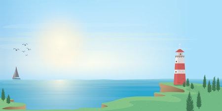 Lighthouse on seashore flat design illustration with yacht at skyline. Island pharos, light house, seascape, signal building on seaside have sailboat in the sea. Coastline landscape with beacon.のイラスト素材