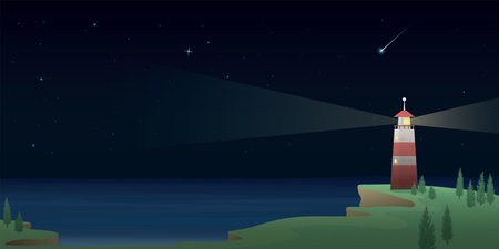 <p>Lighthouse with light beam on rock cliff on sea shore at night. Island pharos, light house, seascape, signal building on seaside and stars on the sky at night. Coastline landscape with beacon.</p>のイラスト素材