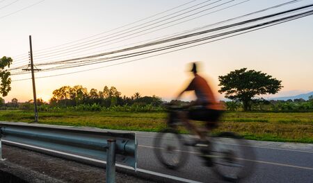 The street with greenery and yellow rice field with trees and electric pole is passed by a man riding bicycle during sunset creating a motion blur pictureの写真素材