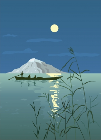 Night Seascape with Boatのイラスト素材