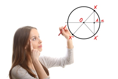 young woman draws geometric shapesの写真素材