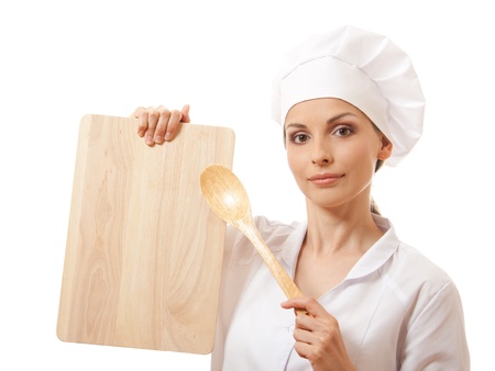 Woman Chef In Uniform With Cutting Board, Isolatedの写真素材