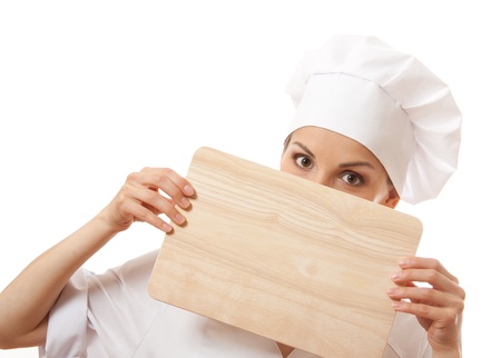 Woman Chef In Uniform With Cutting Board, Isolatedの写真素材