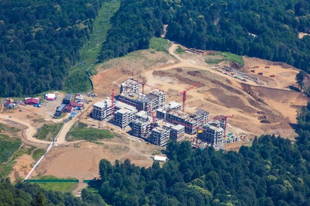Top view of Krasnaya Polyana, Sochi, Russia. The mountain cluster of objects of Winter sports...
