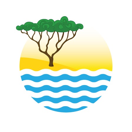 tree near the water, round vector logo illustrationのイラスト素材