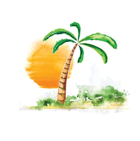 Tropical Palm Tree and Sun, watercolour vector illustrationのイラスト素材