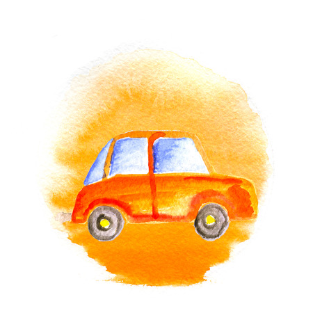 Child's drawing car against the sun. Watercolor illustration.の写真素材
