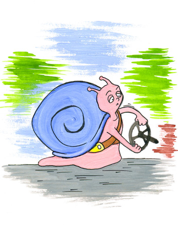 Cartoon Snail with a steering wheel, slow driver, illustrationの写真素材