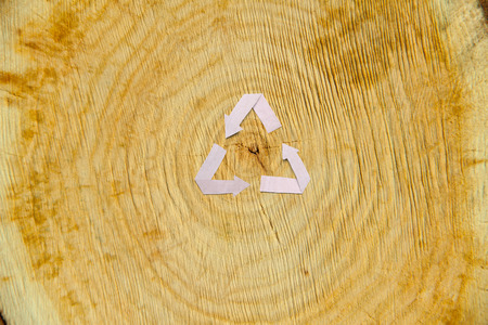 Close-up wooden cut and paper recycle symbolの写真素材