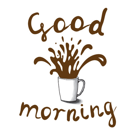 Cup sketch and coffee splashes, vector illustration on white backgroundのイラスト素材