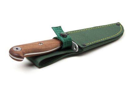 hunting knife with wooden handle and scabbard, isolated on white backgroundの写真素材
