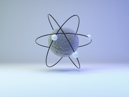 Model of atom with shadow on gray background. 3D illustration
