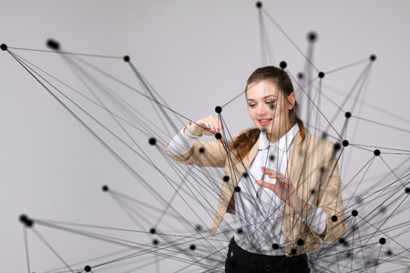 Global network connection concept, woman working with futuristic computer interface on violet background.の写真素材
