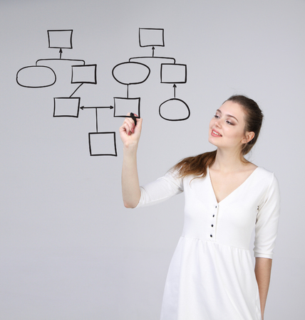Businesswoman drawing flowchart, business process concept on grey background.
