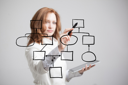 Businesswoman drawing flowchart, business process concept on grey background.の写真素材