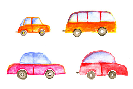 Transport set: cars and bus, hand-drawn watercolor child illustration.の写真素材