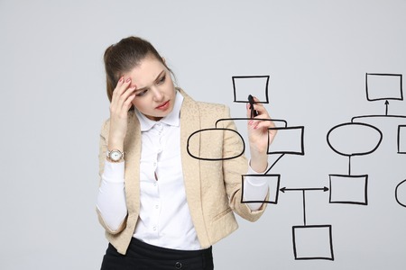 Businesswoman drawing flowchart, business process concept on grey background.の写真素材