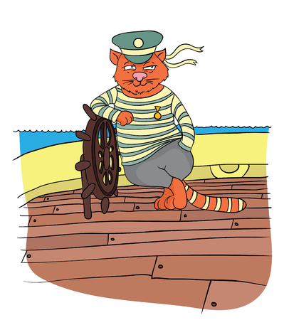 Cat boatswain at the helm of the ship, vector illustration.のイラスト素材