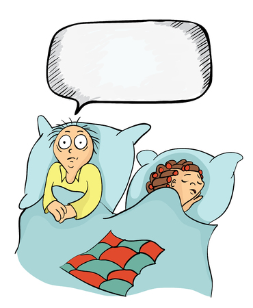 Man and woman in bed. Concept on the topic of insomnia, or erectile dysfunction, problems between the spouses. Vector cartoon illustration.のイラスト素材