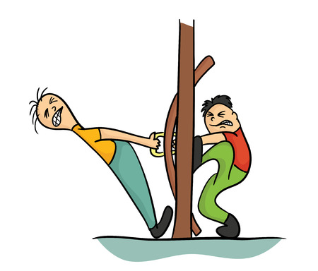 Two cartoon character trying to open the door, vector illustration, isolated on white.のイラスト素材