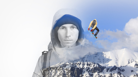 Double exposure effect photography. The face of a young man with a backpack and mountain winter landscape with a jumping snowboarder.の写真素材