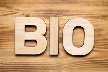 BIO word made with building blocks on wooden boardの写真素材