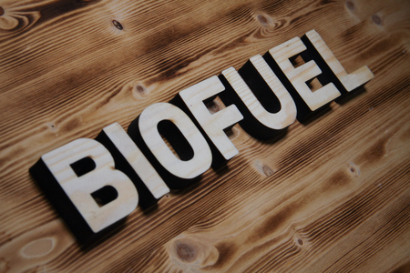 BIOFUEL word made with building blocks on wooden boardの写真素材