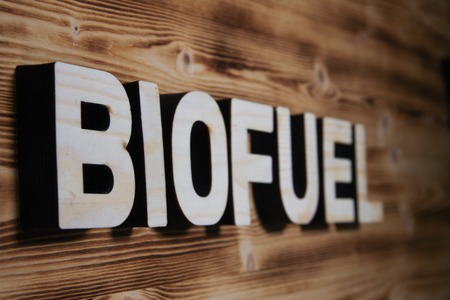 BIOFUEL word made with building blocks on wooden boardの写真素材