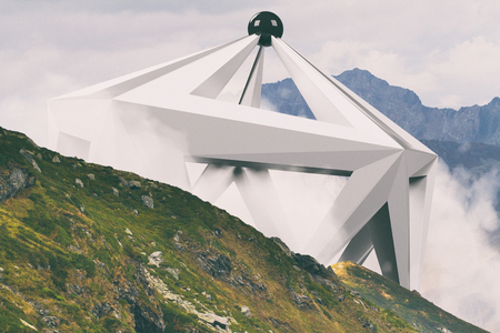 Abstract surreal shape in the middle of foggy mountain-side landscape. Natural and unkown.の写真素材